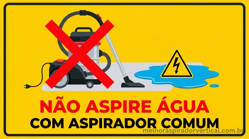 Ilustração de alerta mostrando que aspirador de pó comum não deve ser usado para sugar água