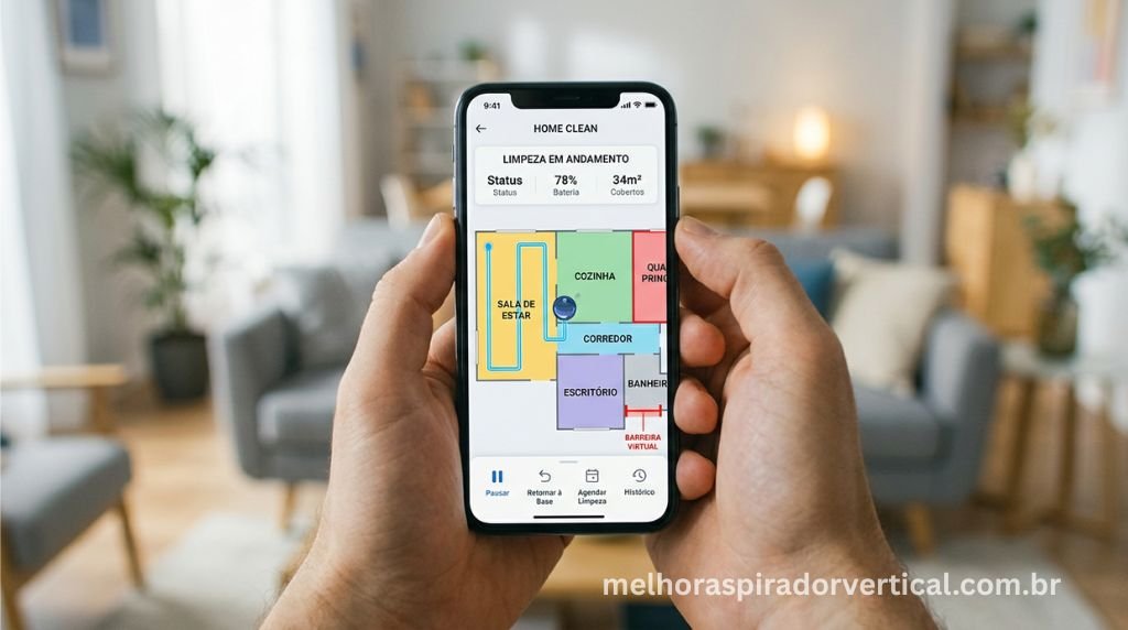 Smartphone mostrando aplicativo de aspirador robô com mapa da casa, zonas e rota de limpeza configurados