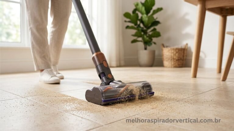 Aspirador de pó vertical aspirando areia fina em piso de porcelanato claro