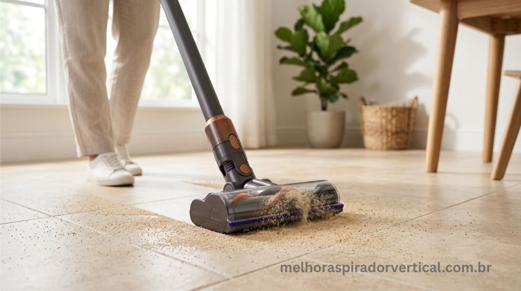 Aspirador de pó vertical aspirando areia fina em piso de porcelanato claro