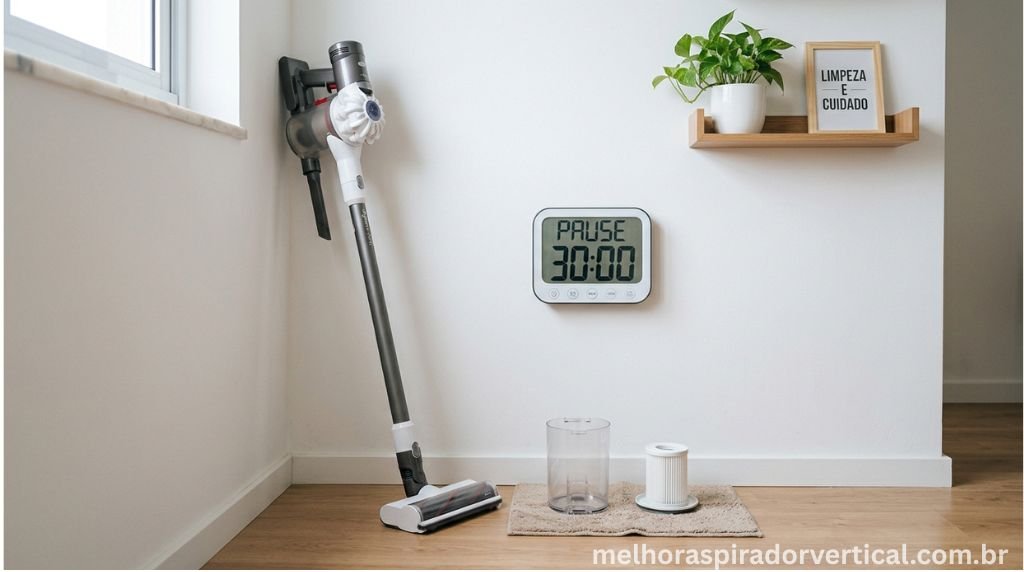  Aspirador de pó desligado em pausa de resfriamento com timer ao lado marcando 30 minutos