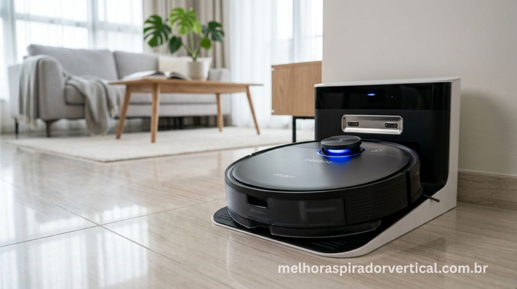 Aspirador robô moderno em sua base de carregamento em ambiente doméstico clean