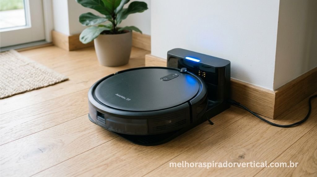 Aspirador robô encaixado na base de carregamento com LED azul indicando carregamento em sala com piso de madeira