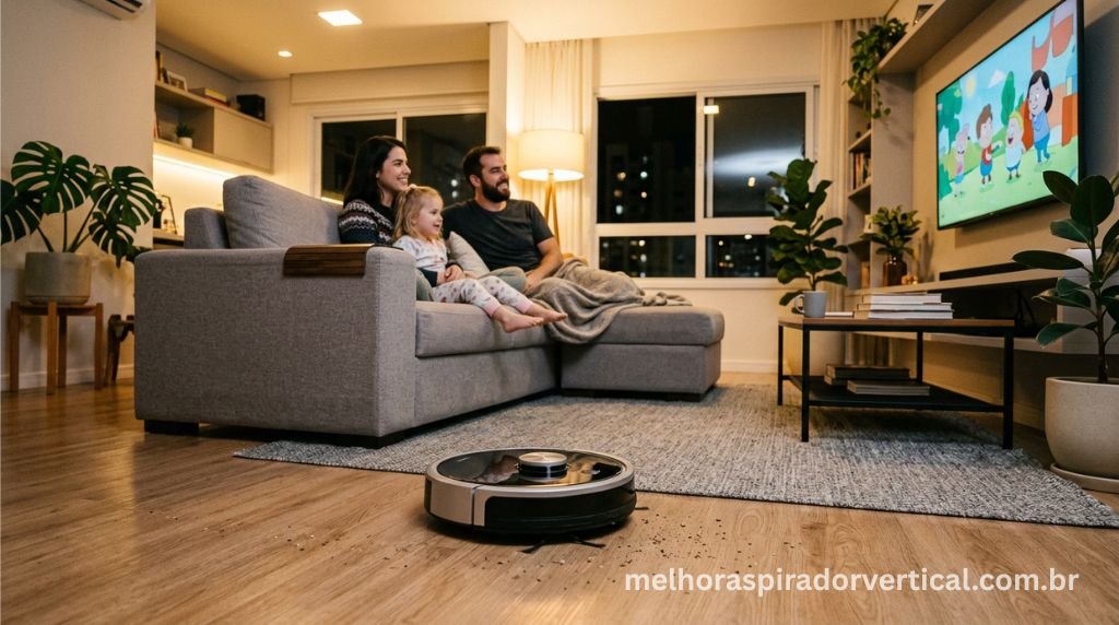 Aspirador robô limpando automaticamente a sala enquanto família descansa no sofá