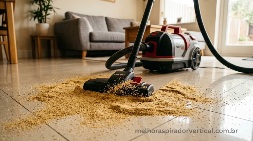 Aspirador de pó tradicional horizontal aspirando grande quantidade de areia em piso doméstico