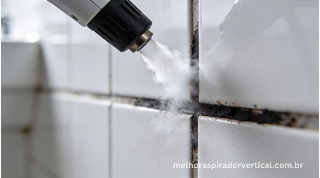 Aspirador a vapor higienizando rejunte de azulejos de banheiro com vapor visível saindo do bocal