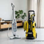 Aspirador a vapor e lavadora de alta pressão lado a lado em ambiente doméstico moderno