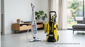 Aspirador a vapor e lavadora de alta pressão lado a lado em ambiente doméstico moderno
