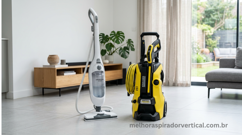 Aspirador a vapor e lavadora de alta pressão lado a lado em ambiente doméstico moderno
