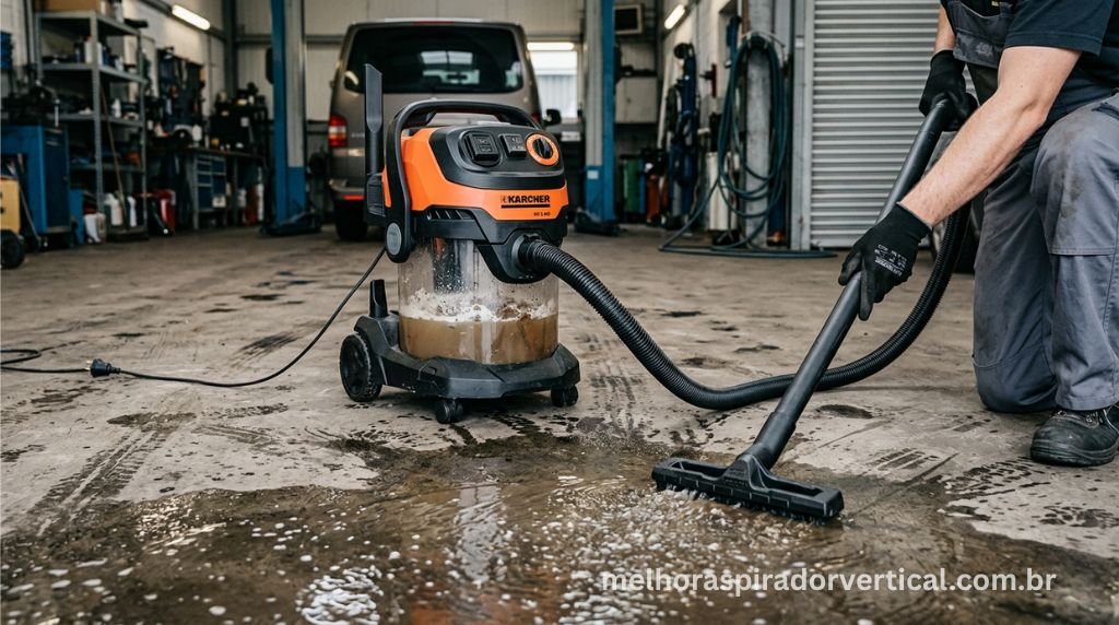 Aspirador de pó e líquidos wet and dry sugando água em piso de garagem