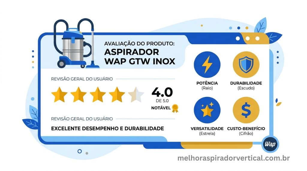 Ilustração de avaliação com 4 estrelas do Aspirador WAP GTW Inox com pontos positivos destacados