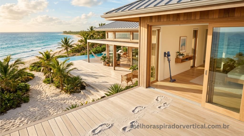 Casa de praia com pegadas de areia no piso e aspirador de pó vertical apoiado na parede