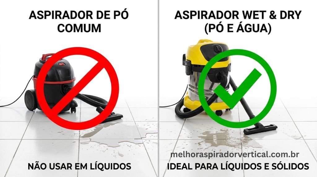 Comparativo mostrando que aspirador comum não pode sugar água enquanto aspirador wet and dry pode