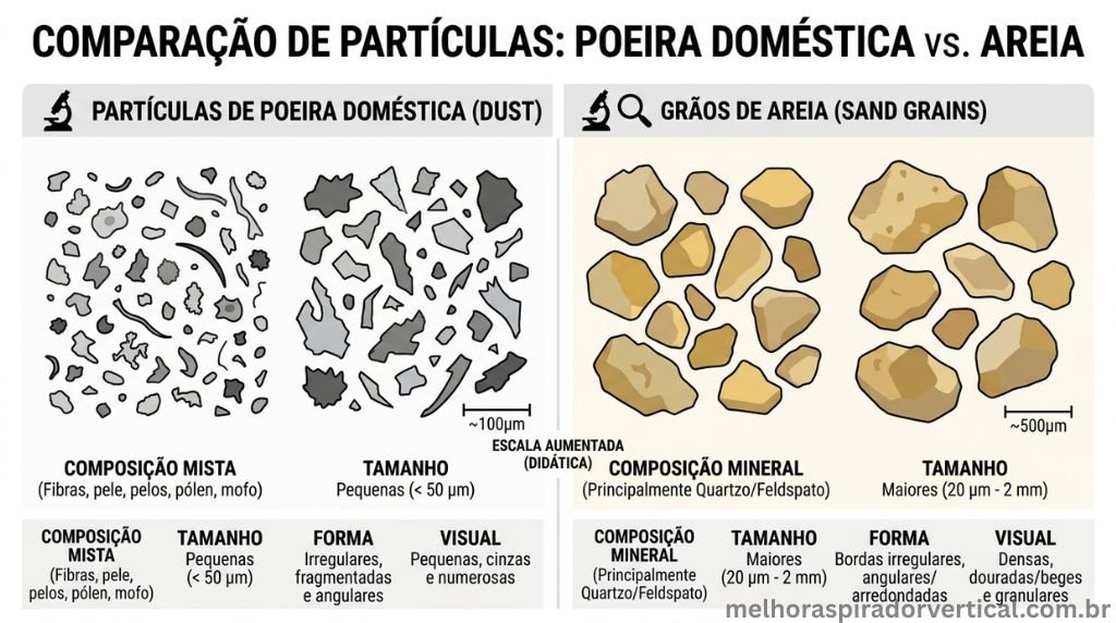 Ilustração comparativa entre partículas de poeira doméstica e grãos de areia ampliados