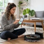 Pessoa configurando aspirador robô novo pelo smartphone em sala moderna com base de carregamento ao lado