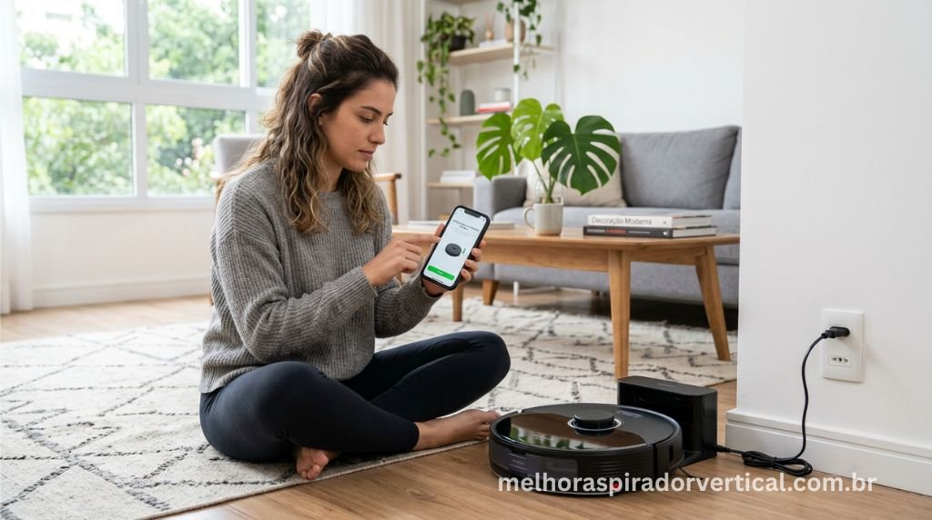 Pessoa configurando aspirador robô novo pelo smartphone em sala moderna com base de carregamento ao lado