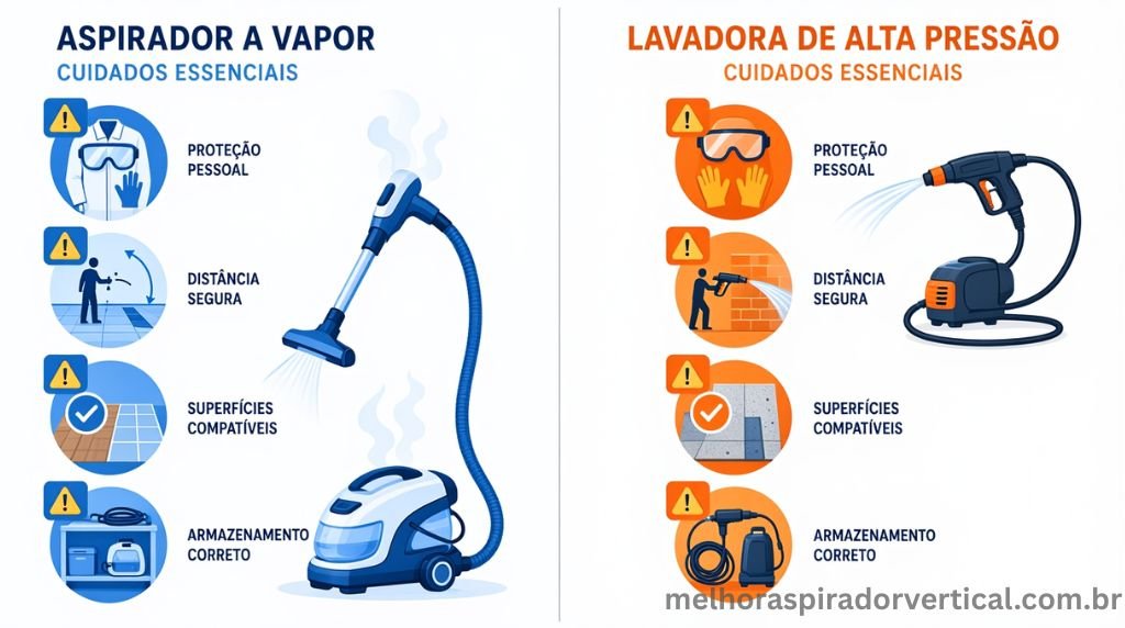 Infográfico com cuidados de segurança ao usar aspirador a vapor e lavadora de alta pressão