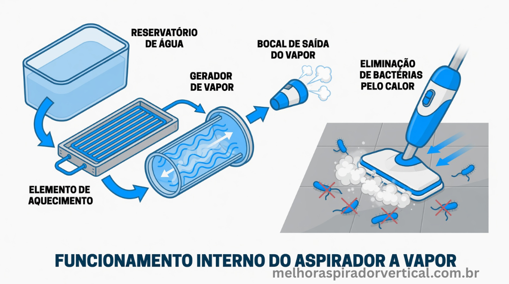 Diagrama técnico mostrando o funcionamento interno de um aspirador a vapor com fluxo de água e vapor