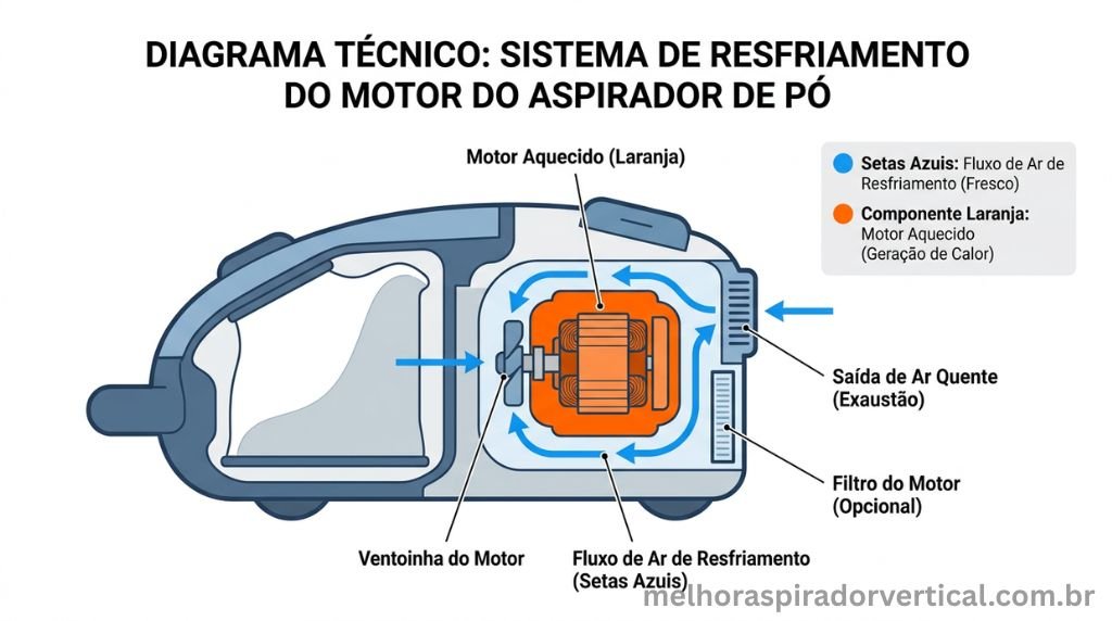 Diagrama técnico mostrando o sistema de resfriamento por fluxo de ar do motor de um aspirador de pó