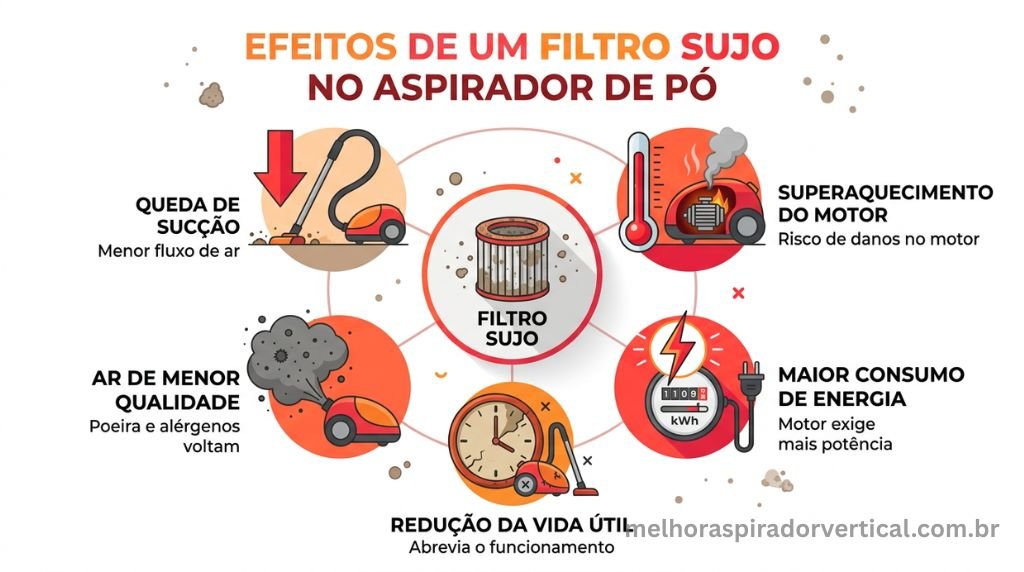Infográfico mostrando os cinco efeitos negativos de um filtro sujo no aspirador de pó