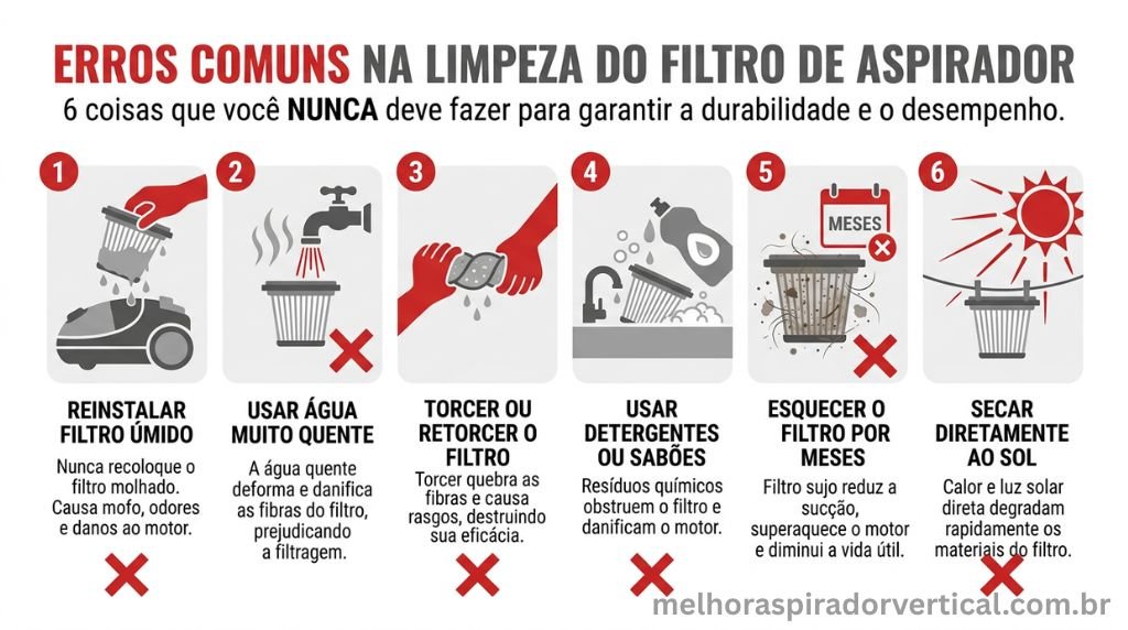 Ilustração com seis erros comuns que devem ser evitados na limpeza do filtro do aspirador de pó