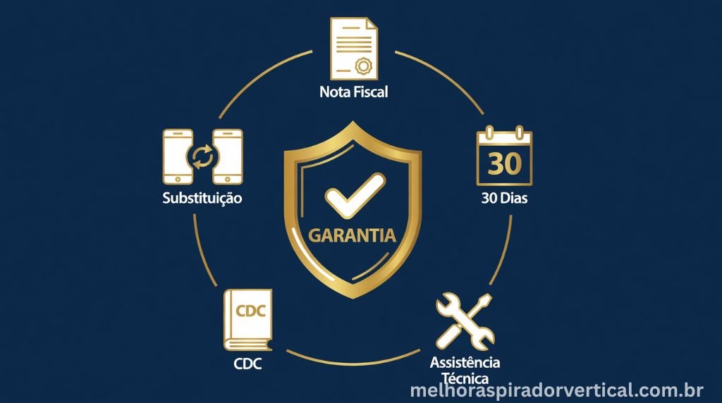 Ilustração de escudo de proteção ao consumidor com elementos da garantia de aspirador ao redor