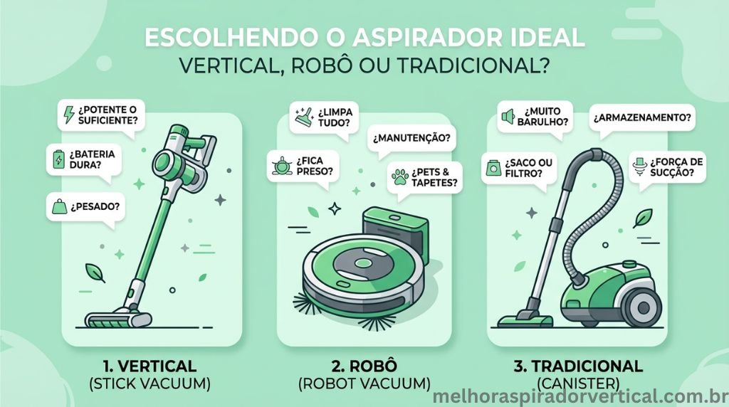 Seção de perguntas frequentes sobre aspirador vertical, robô e tradicional
