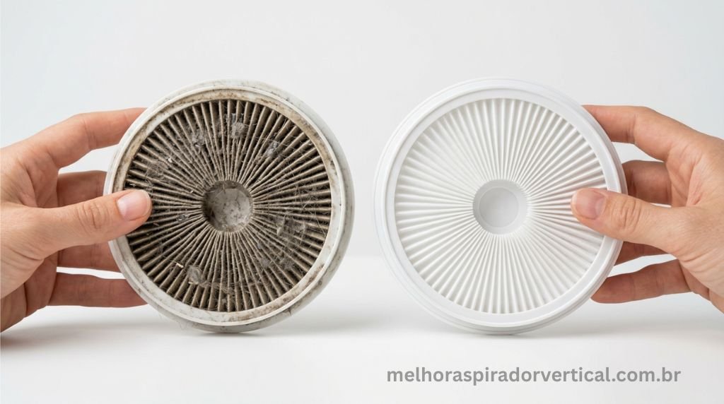 Mãos segurando filtro de aspirador sujo comparado com filtro novo e limpo lado a lado