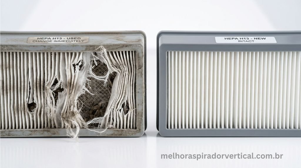 Comparativo entre filtro HEPA danificado com rasgos e filtro HEPA novo e intacto