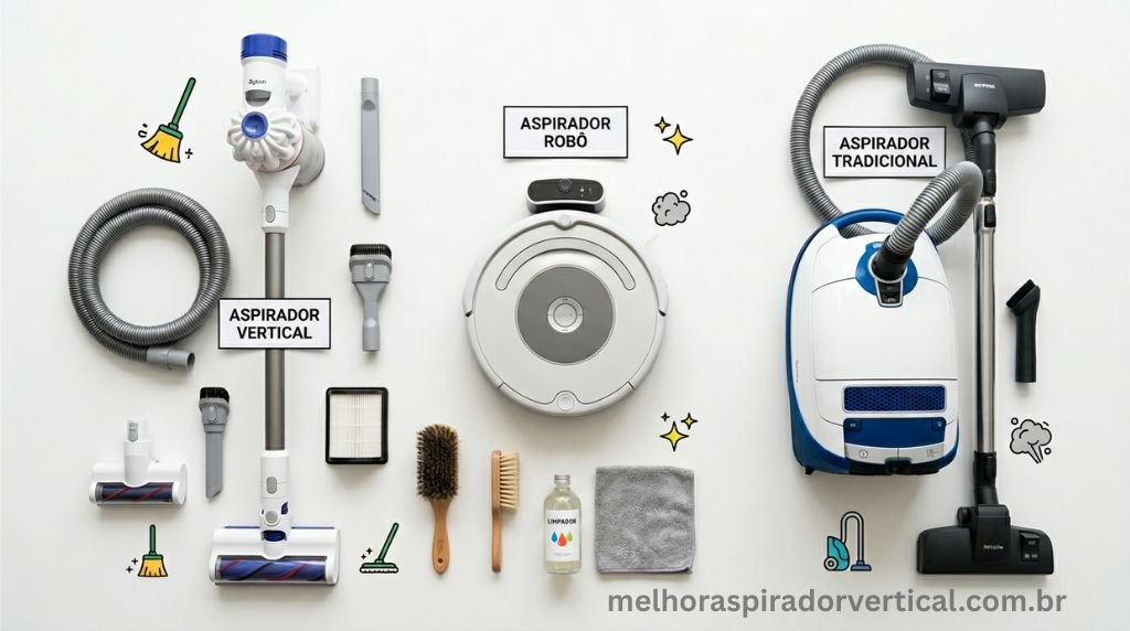 Flat lay comparativo dos três tipos de aspiradores de pó: vertical, robô e tradicional com acessórios