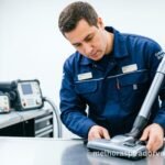 Técnico de assistência uniformizado inspecionando aspirador de pó vertical em bancada de serviço profissional