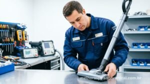 Técnico de assistência uniformizado inspecionando aspirador de pó vertical em bancada de serviço profissional