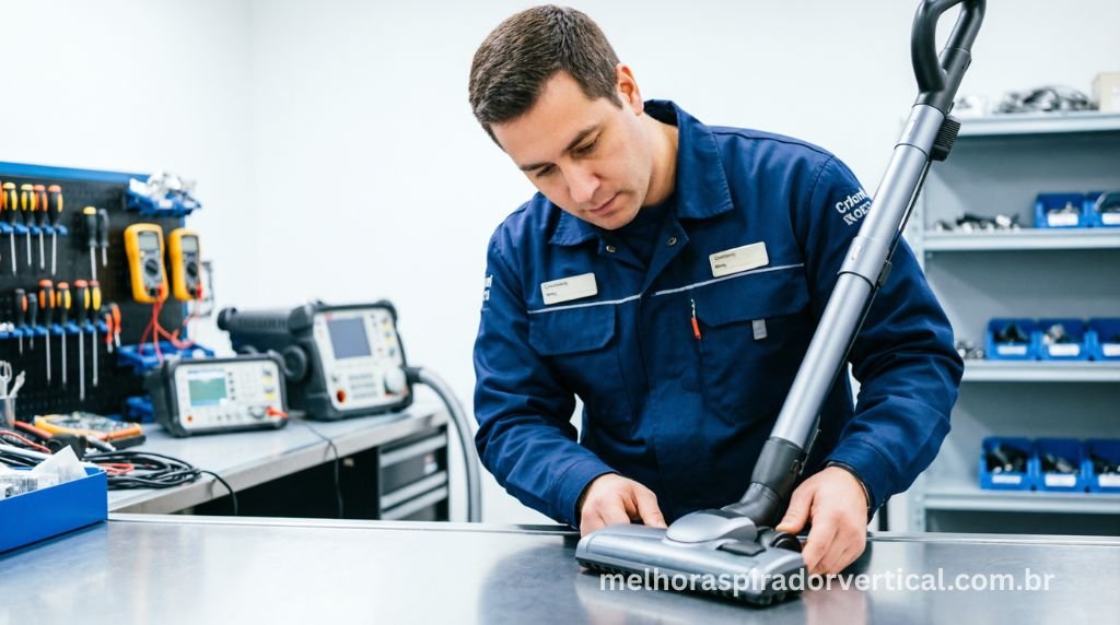 Técnico de assistência uniformizado inspecionando aspirador de pó vertical em bancada de serviço profissional