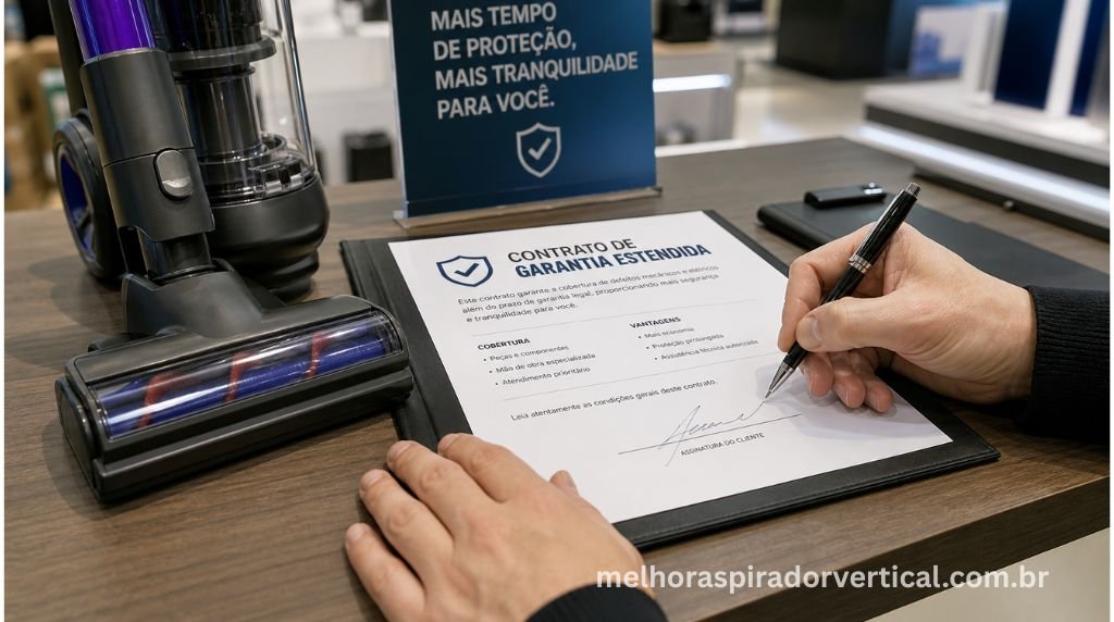 Mãos assinando contrato de garantia estendida de aspirador de pó em mesa de atendimento de loja