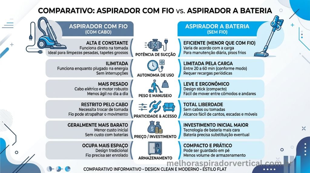 Infográfico comparativo entre aspirador de pó com fio e aspirador a bateria