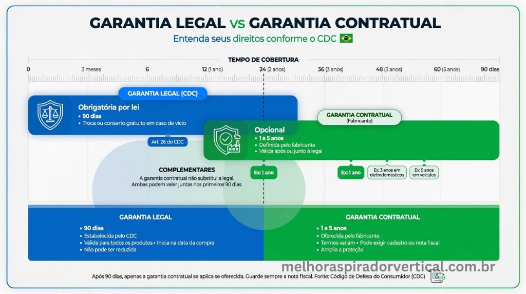 Infográfico comparando garantia legal de 90 dias do CDC e garantia contratual de 1 a 5 anos do fabricante