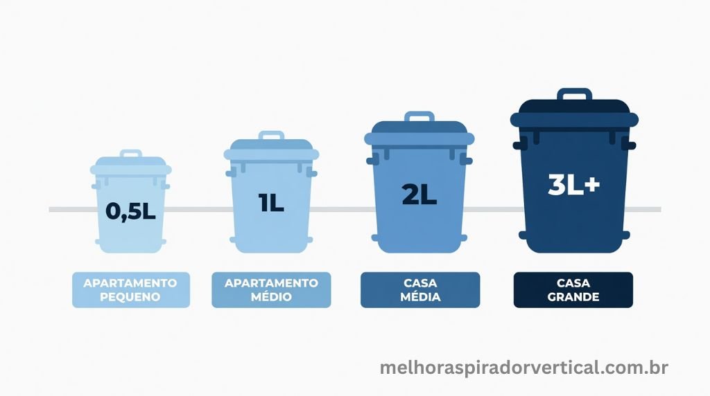 Infográfico mostrando quatro tamanhos de reservatório de aspirador com indicações de uso para cada tamanho