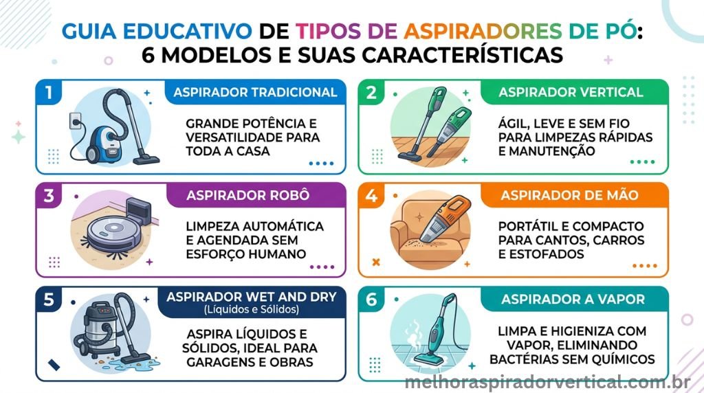 Infográfico com os seis tipos de aspiradores de pó: tradicional, vertical, robô, de mão, wet and dry e a vapor
