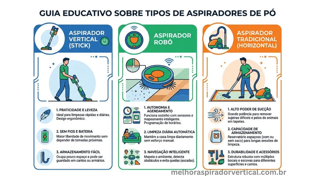  Infográfico comparativo dos três tipos de aspiradores de pó: vertical, robô e tradicional