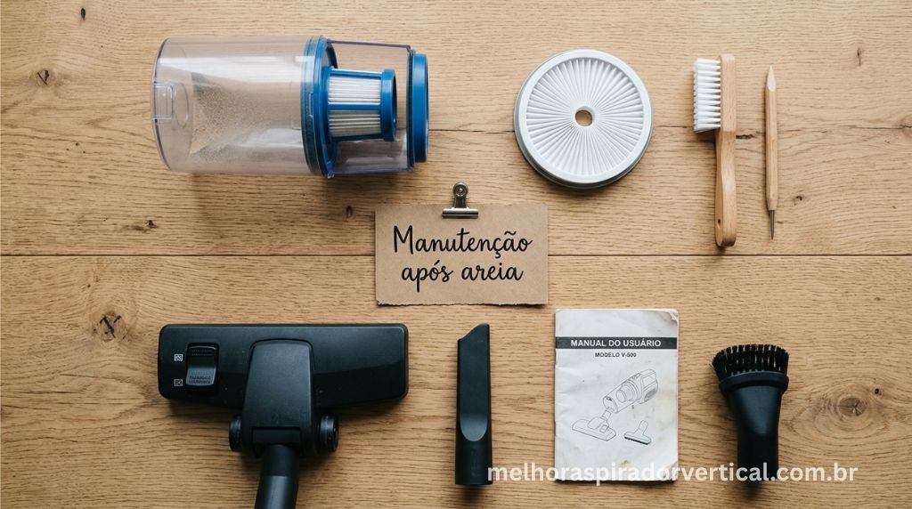 Flat lay com acessórios de manutenção de aspirador de pó organizados após uso com areia