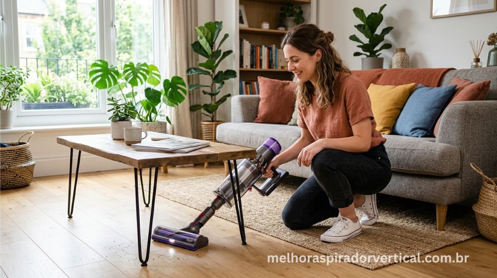 Mulher usando aspirador de pó sem fio em sala de estar moderna