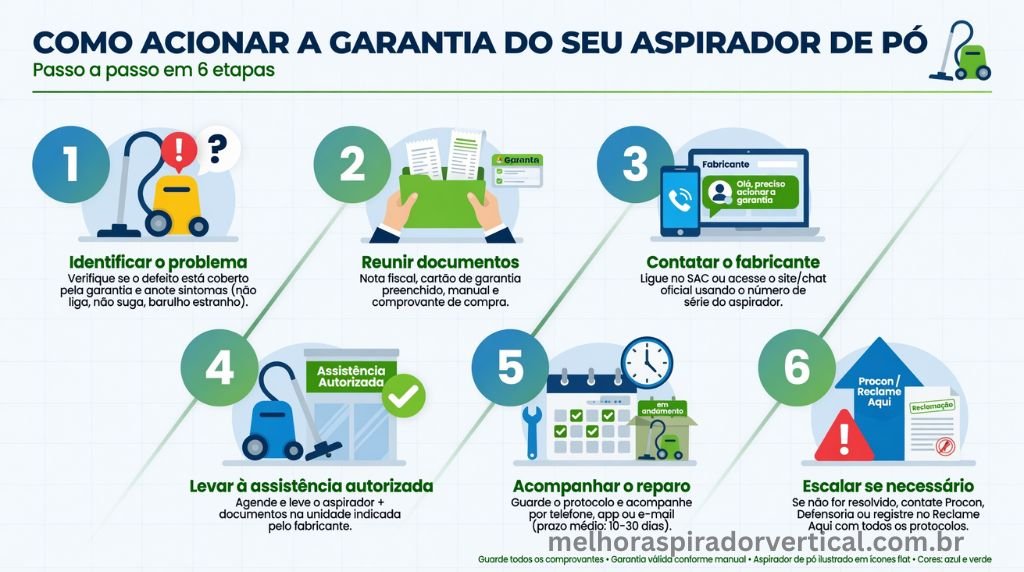 Infográfico com seis passos para acionar a garantia de um aspirador de pó corretamente