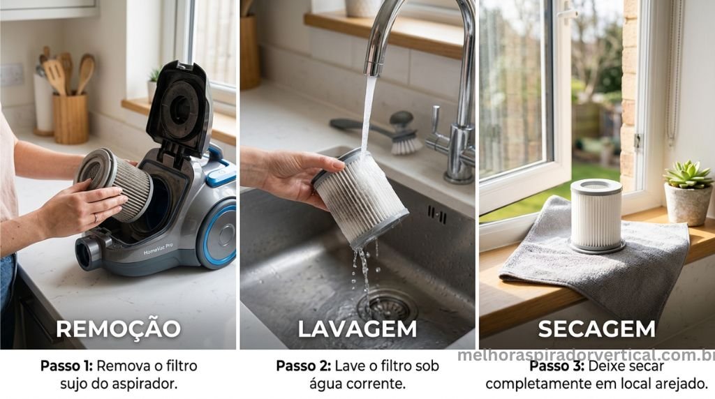 Tutorial em três etapas mostrando como limpar corretamente o filtro lavável de um aspirador de pó