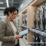 Pessoa analisando diferentes modelos de aspiradores de pó em loja de eletrodomésticos com tablet na mão