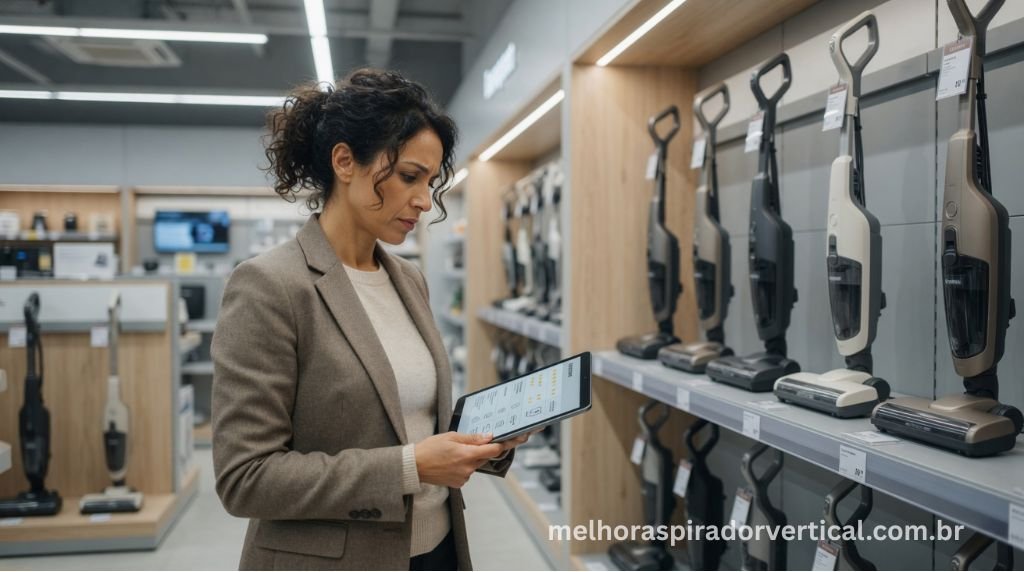 Pessoa analisando diferentes modelos de aspiradores de pó em loja de eletrodomésticos com tablet na mão
