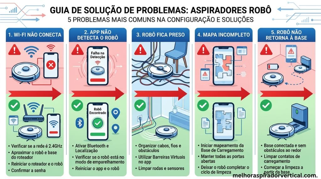 Infográfico com cinco problemas comuns na configuração de aspiradores robô e suas respectivas soluções