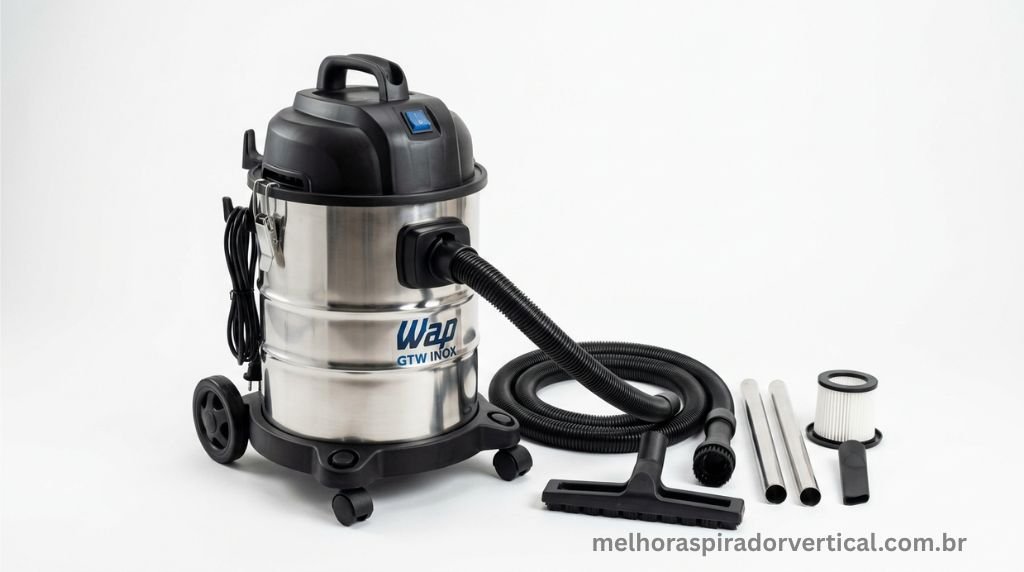 Aspirador WAP GTW Inox em destaque com design metálico sobre fundo branco