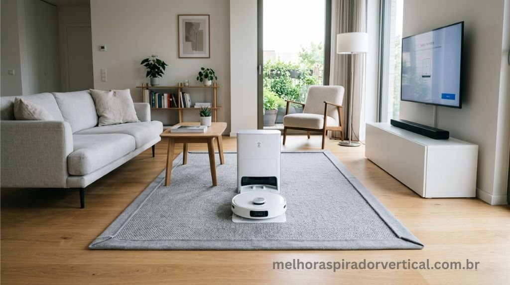 Sala de estar organizada e preparada para o primeiro mapeamento do aspirador robô com ambiente livre de obstáculos