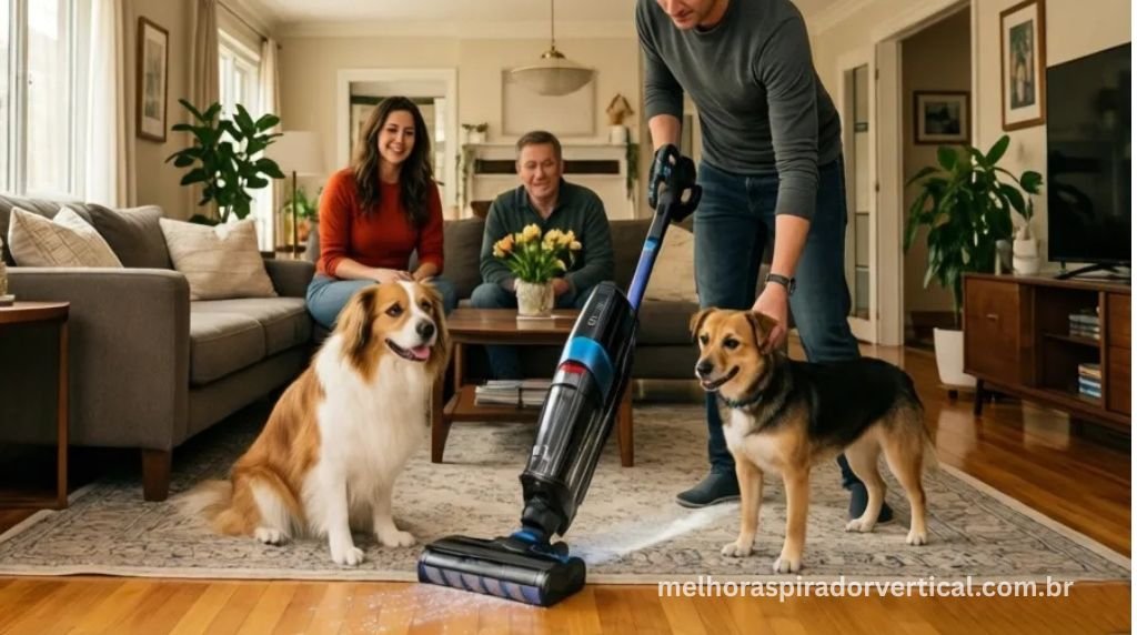 Aspirador Shark Navigator Lift-Away Deluxe sendo usado para aspirar pelos de animais em sala com dois cães