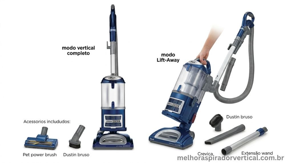 Aspirador Shark Navigator Lift-Away Deluxe nas configurações vertical e Lift-Away com acessórios